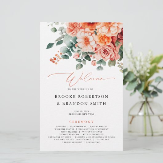 Verona Sunset Bright Orange Modern Wedding Program (Stehend Vorderseite)