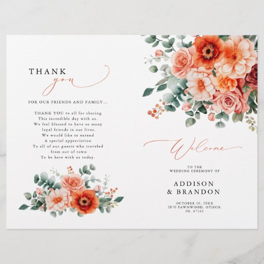 Verona Sunset Bright Orange Modern Wedding Program (Vorderseite)