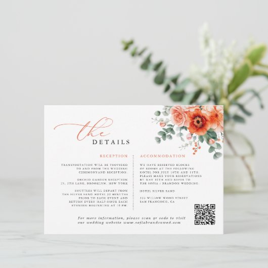 Verona Sunset Bright Orange Moderne Blumenhochzeit Begleitkarte (Stehend Vorderseite)