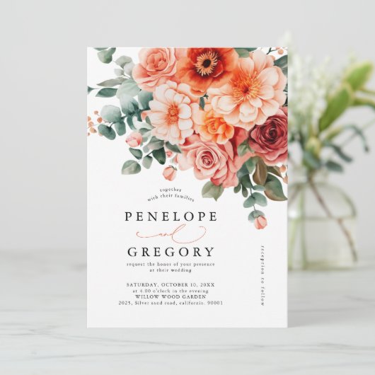 Verona Sunset Bright Orange Moderne Blumenhochzeit Einladung (Stehend Vorderseite)