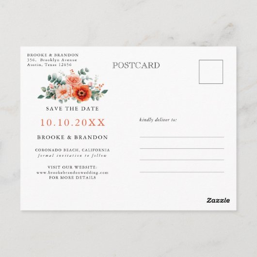 Verona Sunset Bright Orange Moderne Blumenhochzeit Postkarte (Rückseite)