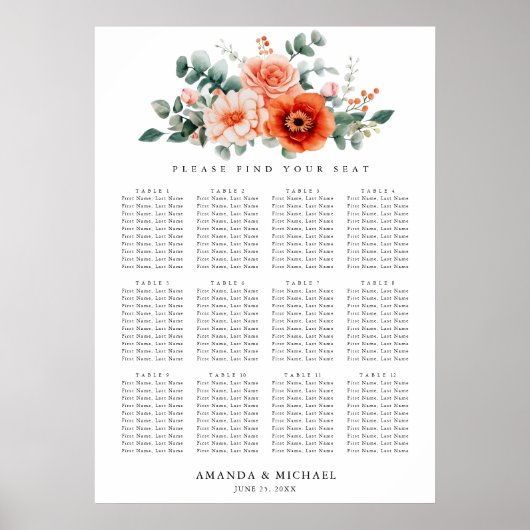 Verona Sunset Bright Orange Wedding Chart Poster (Vorne)