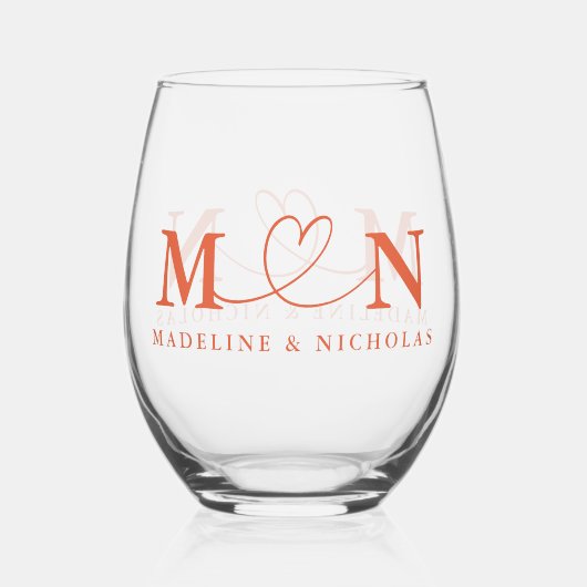 Verona Sunset Doodle Heart Loop Monogram Wedding Weinglas Ohne Stiel (Vorderseite)