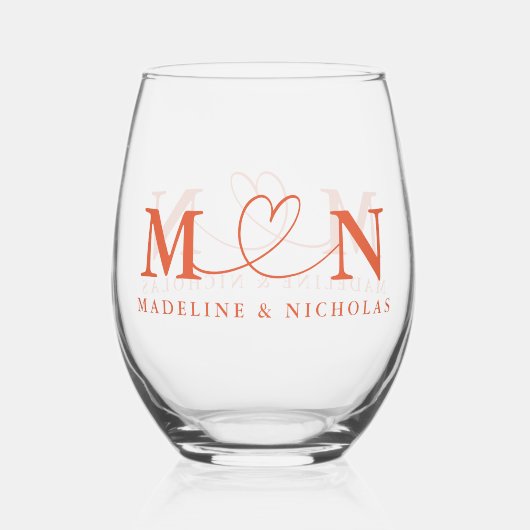 Verona Sunset Doodle Heart Loop Monogram Wedding Weinglas Ohne Stiel (Rückseite)