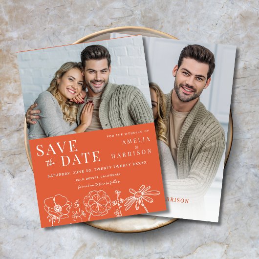 Verona Sunset Orange Bloral Zwei Fotos Hochzeit Save The Date