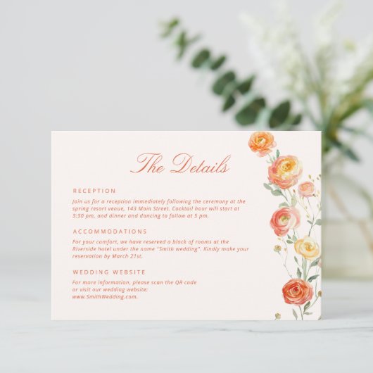 Verona Sunset Orange Wedding Details Begleitkarte (Stehend Vorderseite)