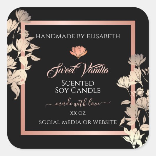 Verpackungsetiketten für schwarze Blumen Rose Gold Quadratischer Aufkleber (Vorderseite)