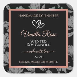 Verpackungsetiketten für schwarze Blumen Rose Gold Quadratischer Aufkleber