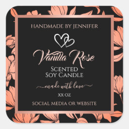Verpackungsetiketten für schwarze Blumen Rose Gold Quadratischer Aufkleber