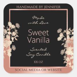 Verpackungsetiketten für schwarze Blumen Rose Gold Quadratischer Aufkleber