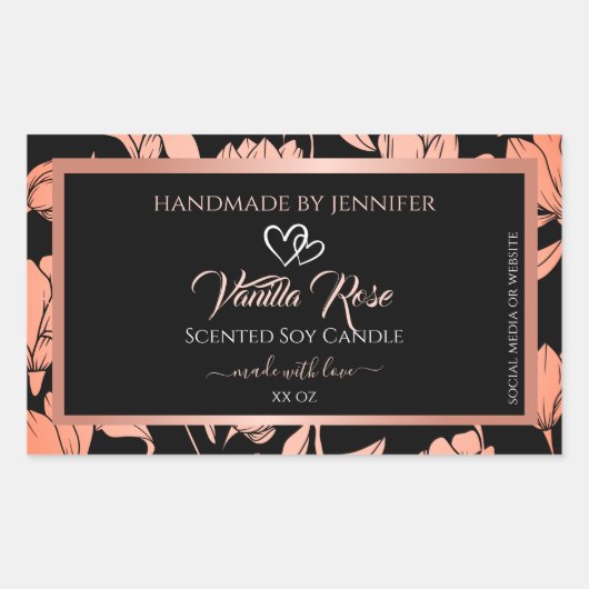 Verpackungsetiketten für schwarze Blumen Rose Gold Rechteckiger Aufkleber (Vorderseite)