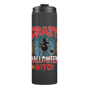 Verrückte Halloween-Hexe fliegende Besen-Horror-De Thermosbecher