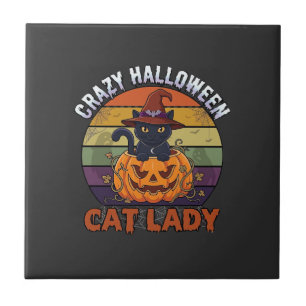 Verrückte Halloween-Katzen-Lady Schwarzer Kürbis-H Fliese
