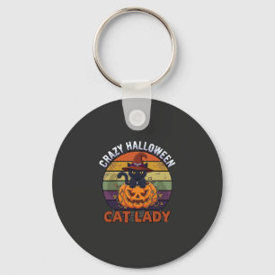 Verrückte Halloween-Katzen-Lady Schwarzer Kürbis-H Schlüsselanhänger