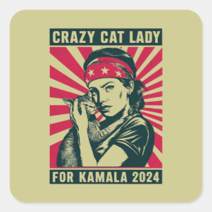 Verrückte Katzenlady für Kamala 2024  Quadratischer Aufkleber