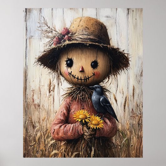 Verrückter Vogelscheuche mit Sonnenblumen Poster (Vorne)