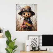 Verrückter Vogelscheuche mit Sonnenblumen Poster (Heimbüro)