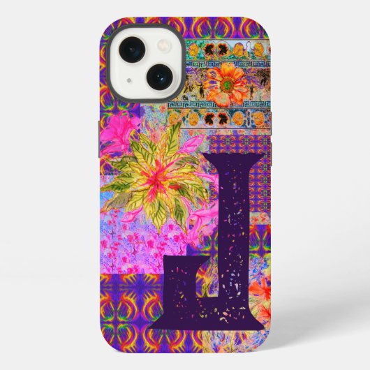 Verrücktes florales Patchwork buntes lila Monogram iPhone Hülle (Rückseite)