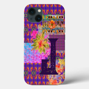 Verrücktes florales Patchwork buntes lila Monogram iPhone 13 Hülle