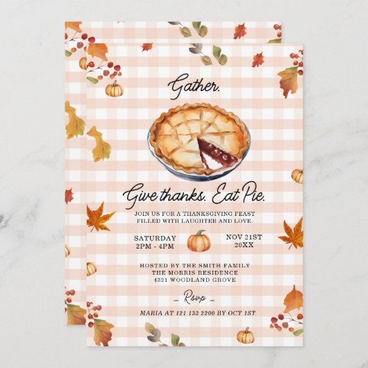 Versammelt, danke, isst Pie Erntedank Fest Einladung (Vorne/Hinten)