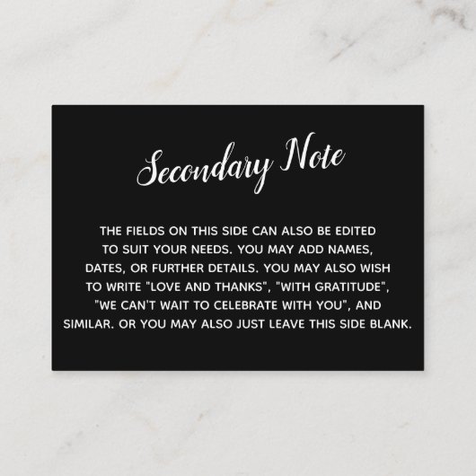 Versatile Custom Simple DIY Wedding White on Black Begleitkarte (Rückseite)