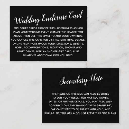 Versatile Custom Simple DIY Wedding White on Black Begleitkarte (Vorne/Hinten)