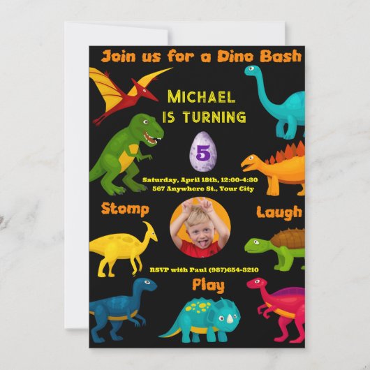 Verschiedene Arten von farbenfrohen Dinosauriern Einladung (Vorderseite)