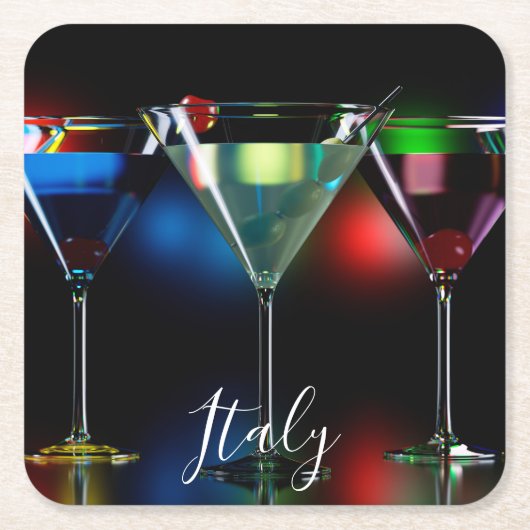 Verschiedene Cocktails in Martini Brillen mit Lich Rechteckiger Pappuntersetzer (Vorderseite)