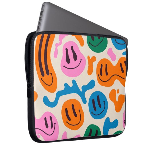 Verschiedene farbenfrohe, schmelzende Gesichter. L Laptopschutzhülle (Vorne Rechts)