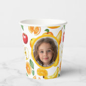 Verschiedene Früchte Thema Foto und Name Papier Pappbecher (Rückseite)