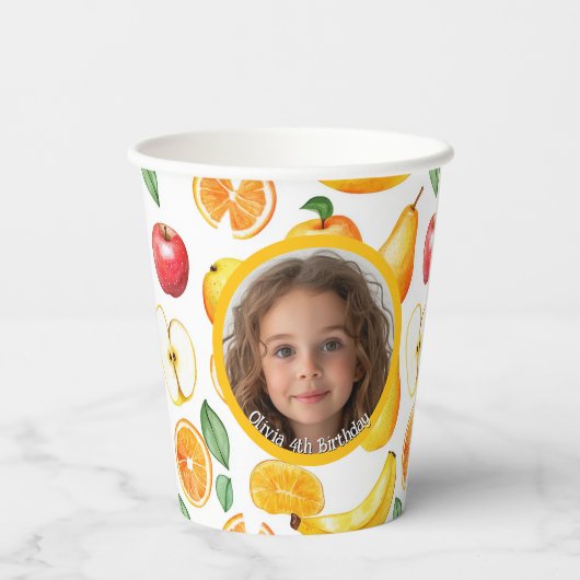 Verschiedene Früchte Thema Foto und Name Papier Pappbecher (Rückseite)