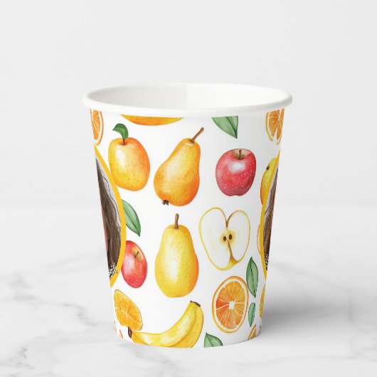 Verschiedene Früchte Thema Foto und Name Papier Pappbecher (Links)