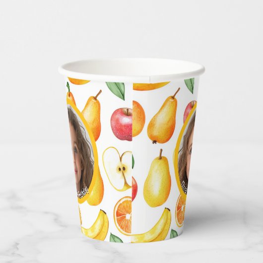 Verschiedene Früchte Thema Foto und Name Papier Pappbecher (Rechts)