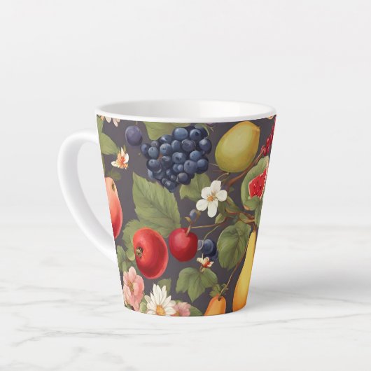 Verschiedene Früchte, üppige Blätter und wundersch Milchtasse (Linke Ecke)