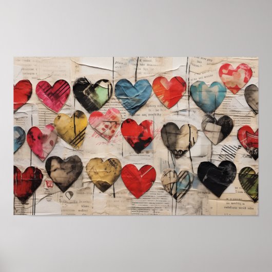 Verschiedene Herzen mit Collage Papier Texturen Poster (Vorne)