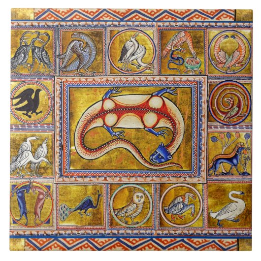 VERSCHIEDENE MITTELALTERLICHE BESTIAREN,SALAMANDER FLIESE (Vorderseite)