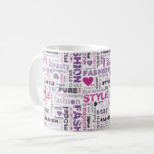 Verschiedene Mode- und Stilwörter in einer Collage Kaffeetasse (Vorderseite Links)