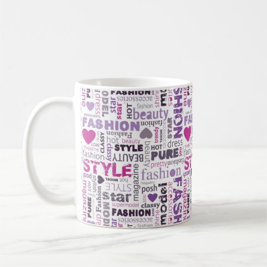Verschiedene Mode- und Stilwörter in einer Collage Kaffeetasse (Links)