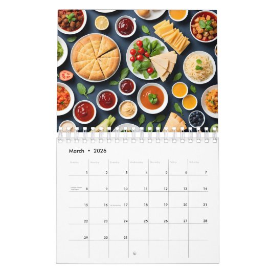 Verschiedene Speisen auf dem Tisch Kalender (Mär 2026)
