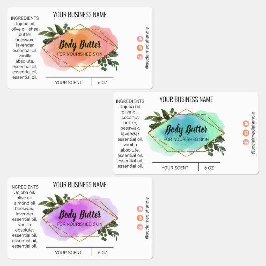 Verschiedene Watercolor Body Butter Labels Etiketten (Gruppe)