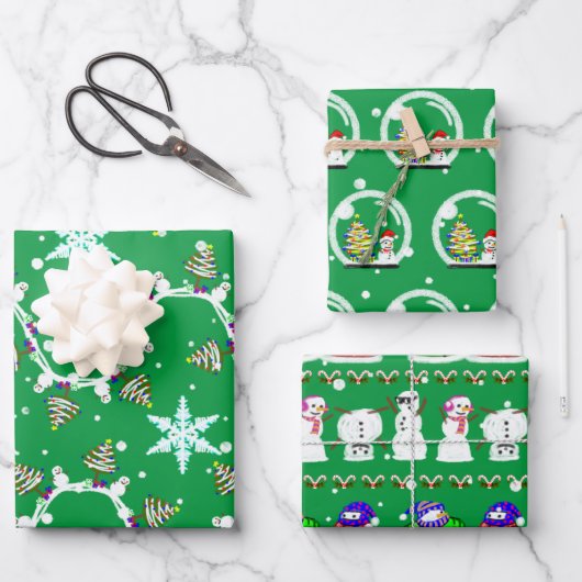 Verschiedene Weihnachtsschneemännchen-Papierblätte Geschenkpapier Set (Vorderseite)