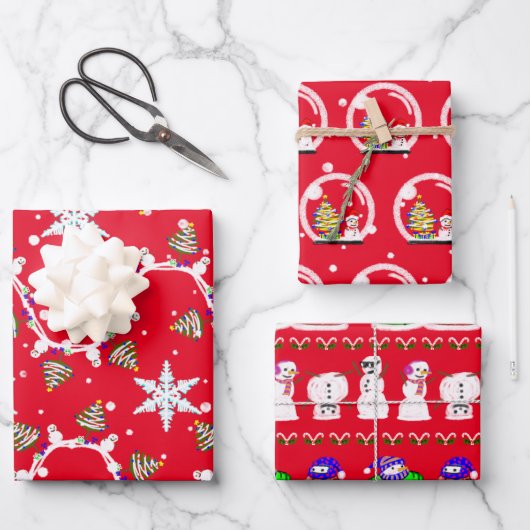 Verschiedene Weihnachtsschneemänner Geschenkpapier Set (Vorderseite)