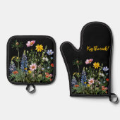 Verschiedenes Feld von Wildblumen auf schwarz Ofenhandschuh & Topflappen-Set (Vorderseite)
