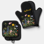 Verschiedenes Feld von Wildblumen auf schwarz Ofenhandschuh & Topflappen-Set (Vorderseite/Rückseite)