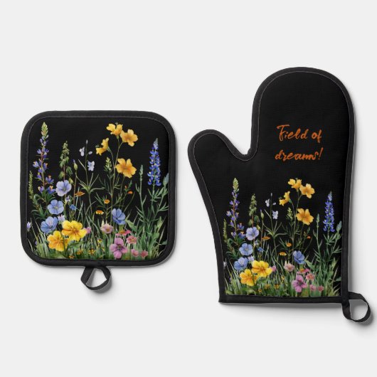 Verschiedenes Feld von Wildblumen auf schwarz Ofenhandschuh & Topflappen-Set (Vorderseite)