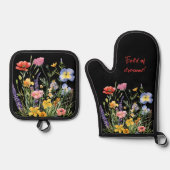 Verschiedenes Feld von Wildblumen auf schwarz Ofenhandschuh & Topflappen-Set (Vorderseite)