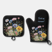 Verschiedenes Feld von Wildblumen auf schwarz Ofenhandschuh & Topflappen-Set (Vorderseite)