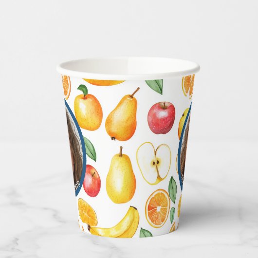 Verschiedenes Obst Foto und Namenspapier Pappbecher (Links)