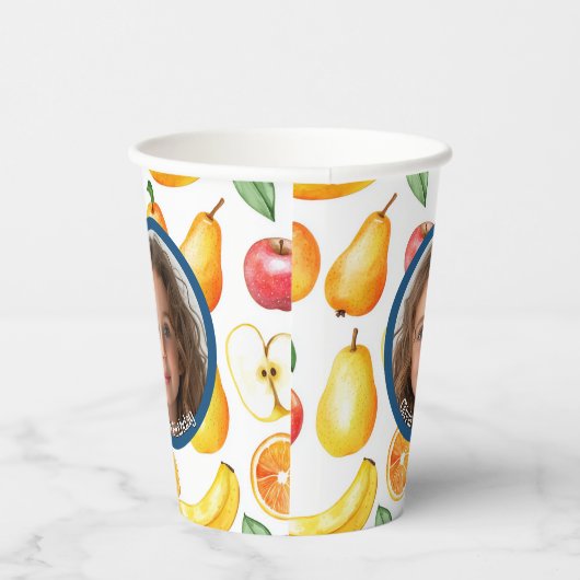 Verschiedenes Obst Foto und Namenspapier Pappbecher (Rechts)