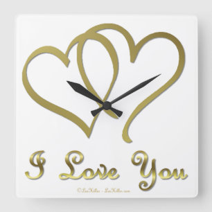 Verschlungene goldene Herzen Ich liebe Dich Quadratische Wanduhr